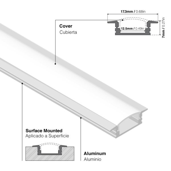 Perfil De Aluminio De EMBUTIR 17x7mm, Cover Opal, 2m detalle